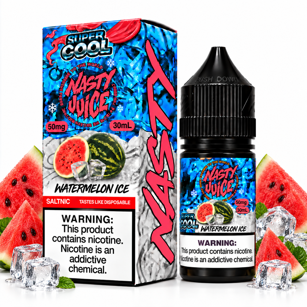 Nasty Juice Super Cool Watermelon Ice salt e-liquid bottle with watermelon and mint flavor, featuring vibrant packaging design.