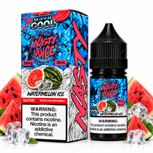 Nasty Juice Super Cool Watermelon Ice salt e-liquid bottle with watermelon and mint flavor, featuring vibrant packaging design.