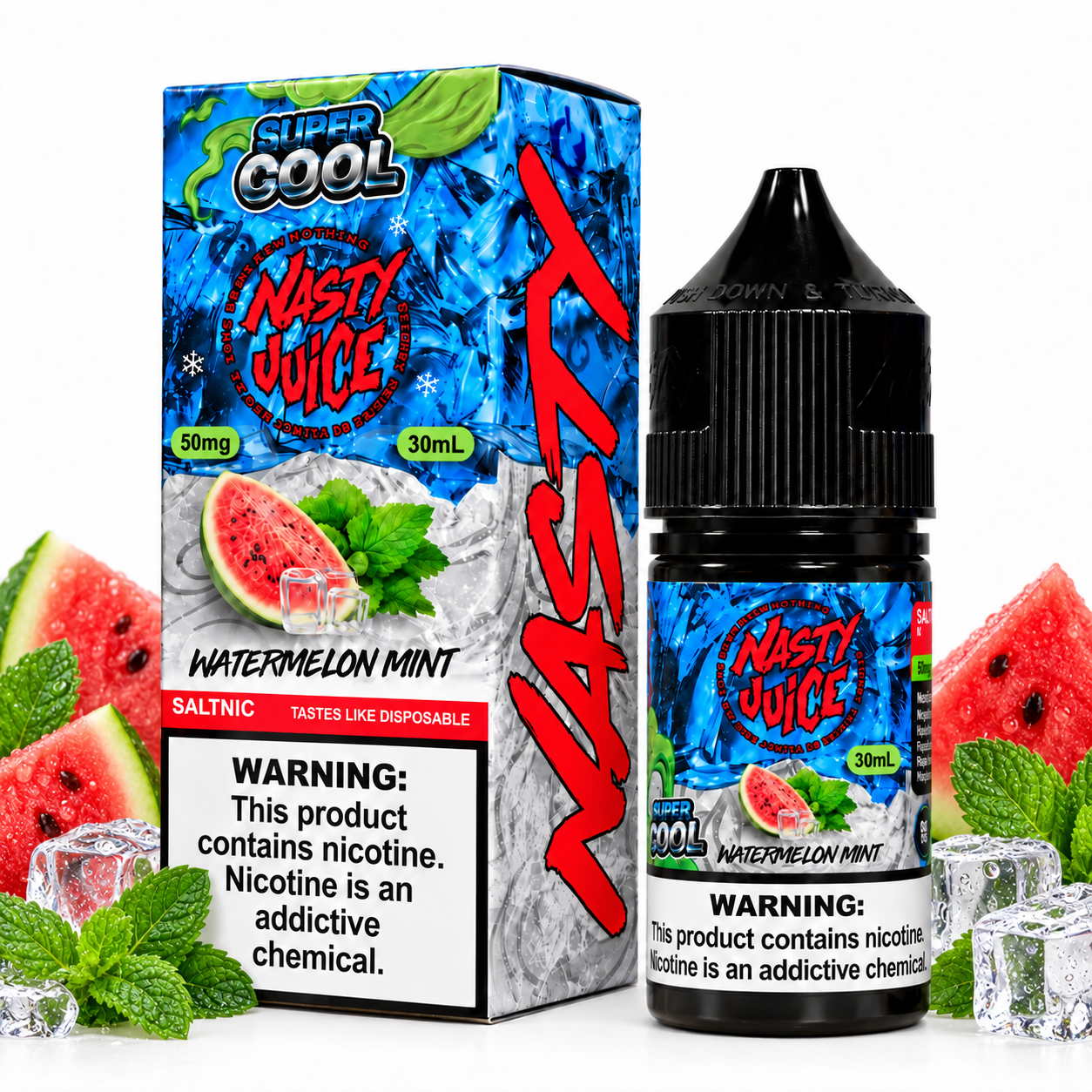 Nasty Juice Super Cool Watermelon Mint salt e-liquid bottle with label, showing watermelon and mint flavor design.