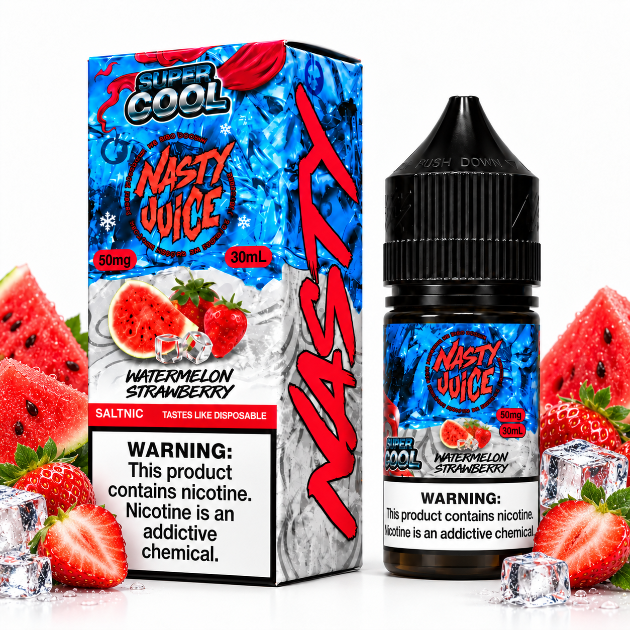 Nasty Juice Super Cool Watermelon Strawberry salt e-liquid bottle with colorful label, showcasing watermelon and strawberry flavor.