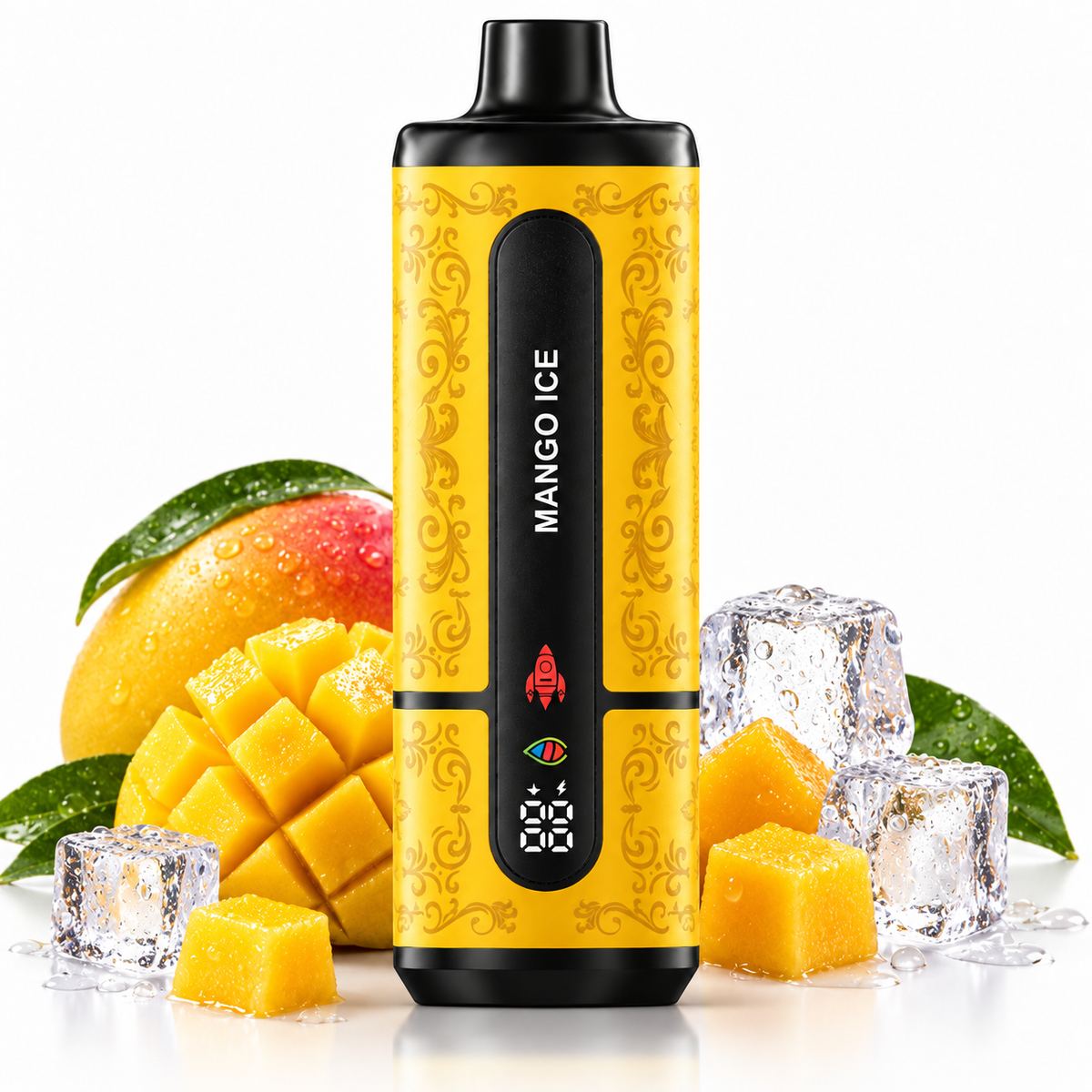A yellow and black vape device labeled 'MANGO ICE' stands upright on a white background, surrounded by fresh mango pieces, green leaves, and ice cubes. The device has ornate gold scrollwork on a bright yellow body with a black center panel and black mouthpiece/base.