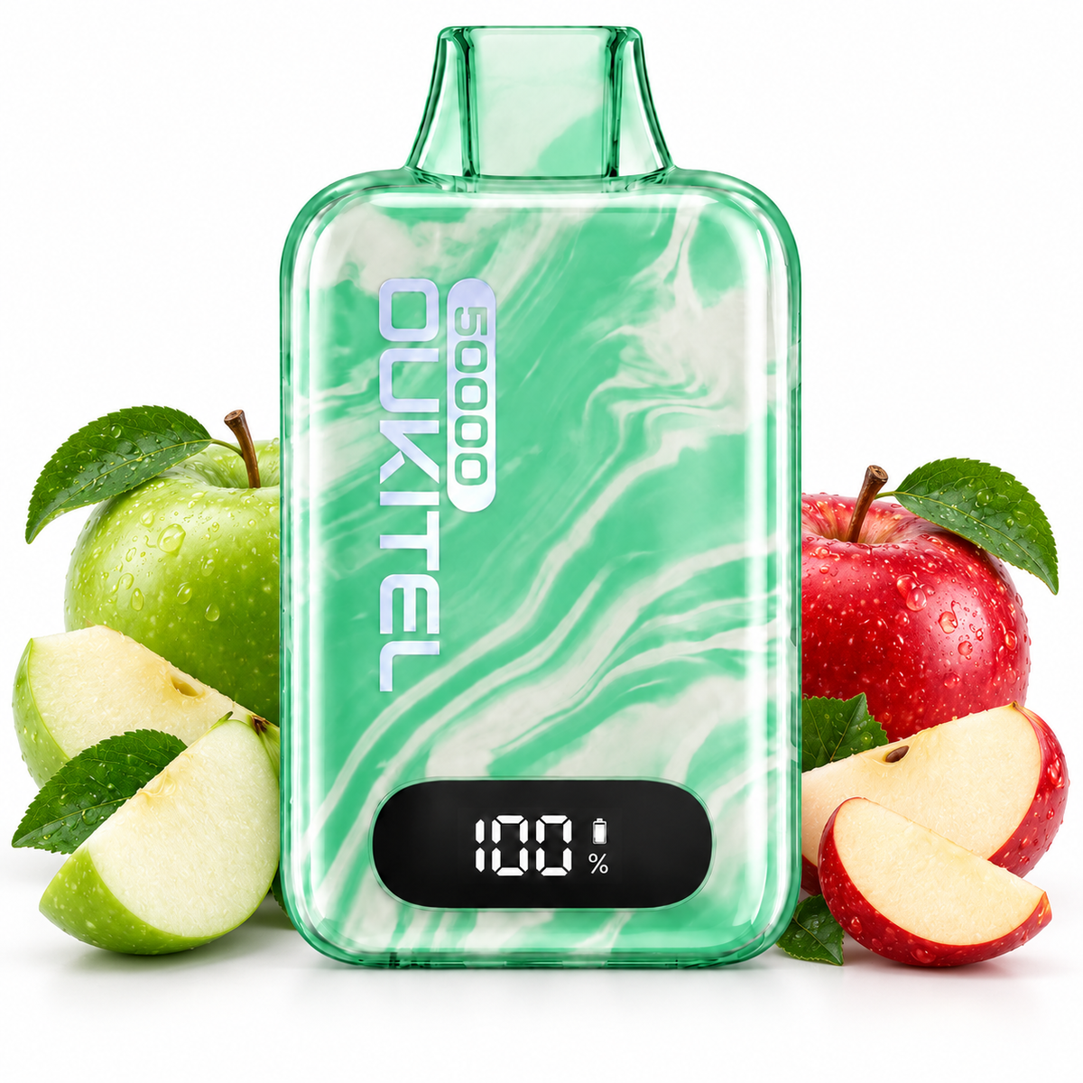 A green marbled portable battery pack with a digital display showing 100% battery, surrounded by fresh green and red apples on a white background. The brand name 'DUKITLET' is printed vertically on the front.