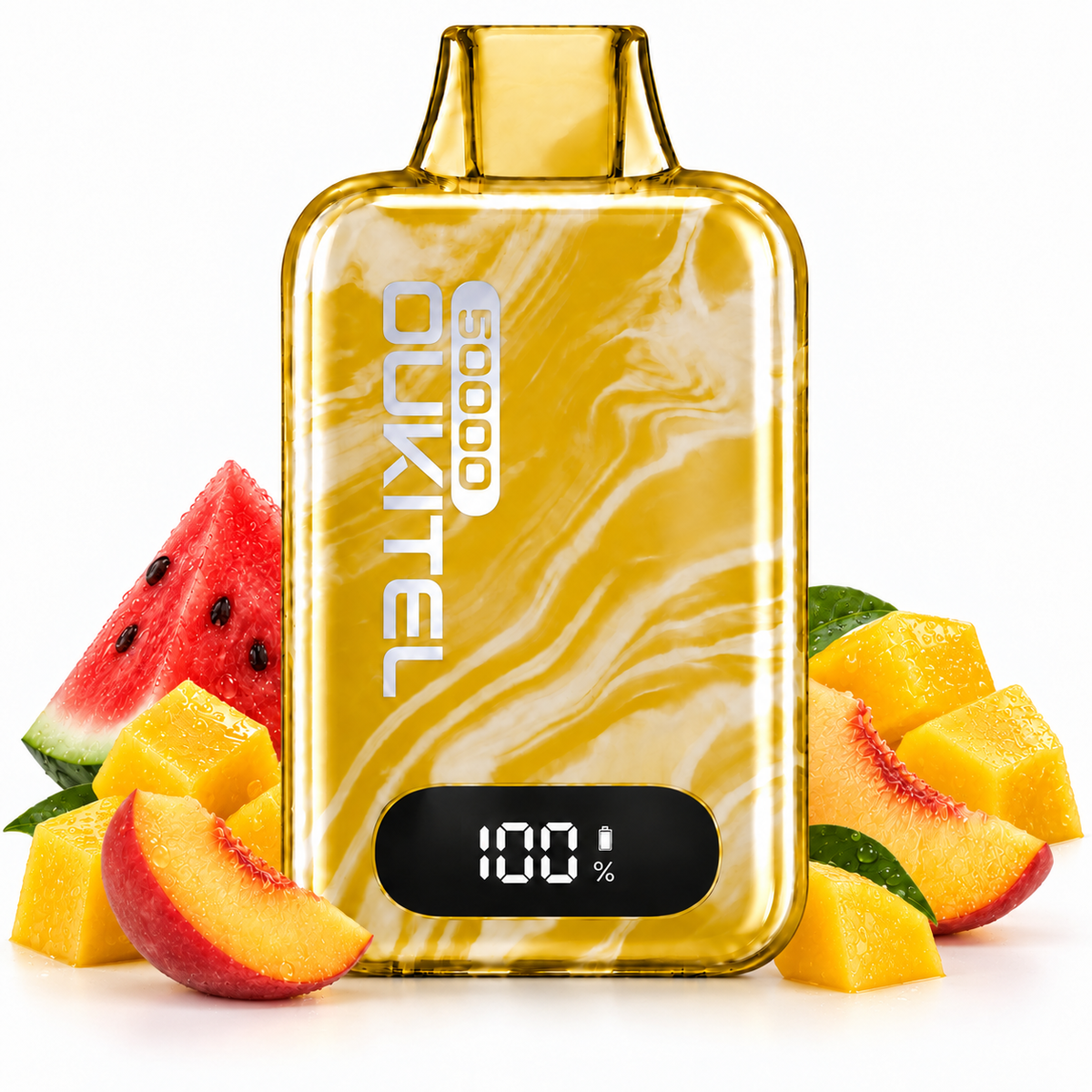 A yellow marbled disposable vape device with a digital screen showing 100% battery, surrounded by fresh fruit slices including watermelon, peach, and mango on a white background. The brand name 'DUKITLEL' is visible on the front of the device.