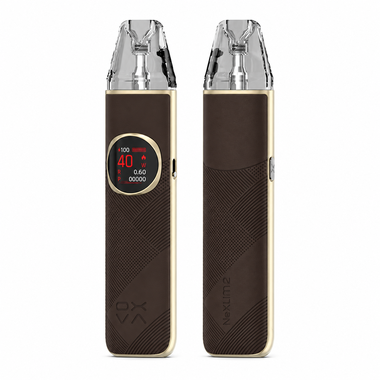 OXVA NeXLIM 2 pod system in mocha brown leather with sleek design and compact shape, part of the OXVA NeXLIM series.