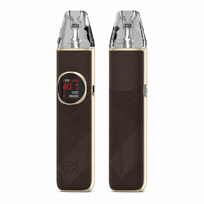 OXVA NeXLIM 2 pod system in mocha brown leather with sleek design and compact shape, part of the OXVA NeXLIM series.