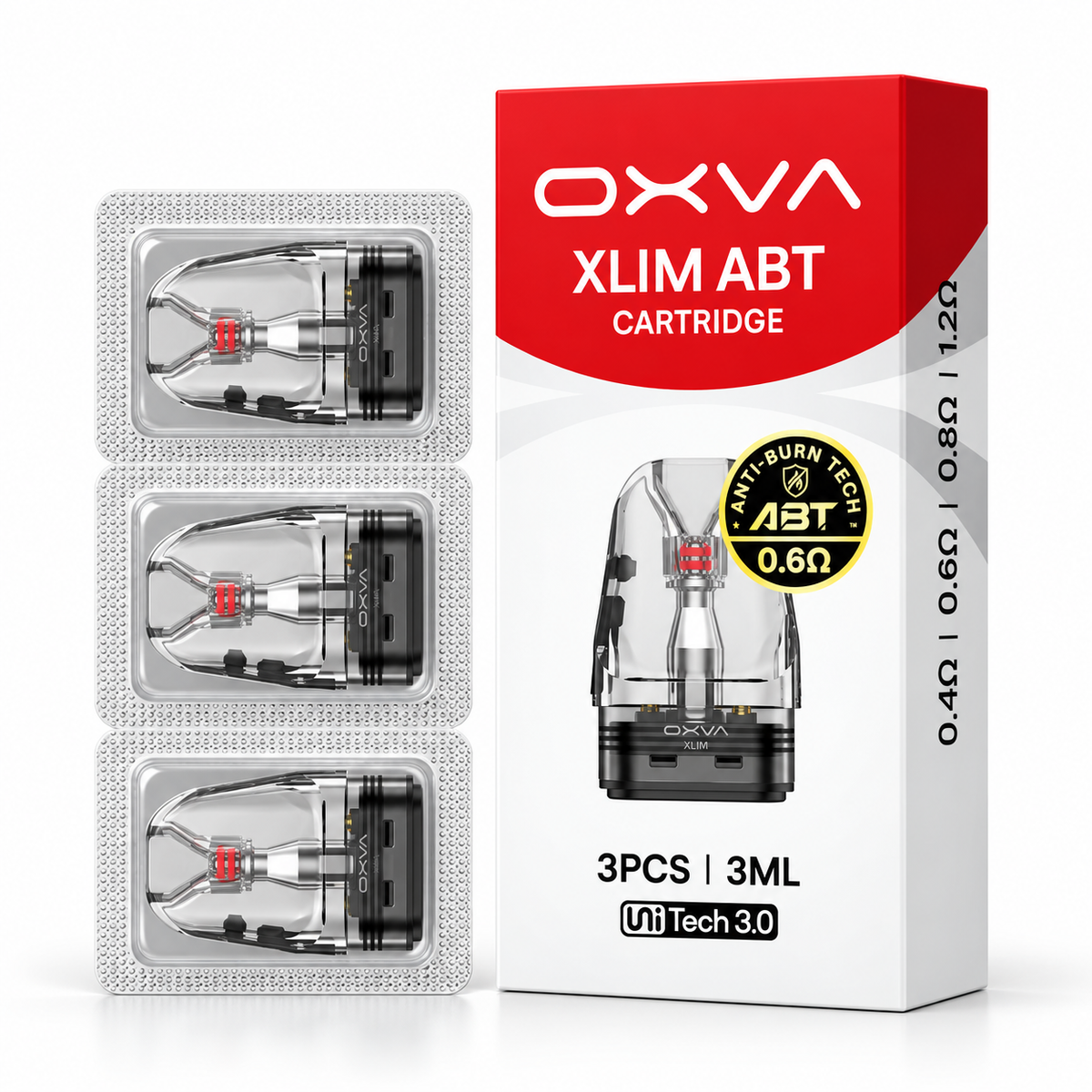 OXVA XLIM ABT cartridge with 3ml capacity, refillable, featuring a 0.6 ohm coil for vaping, shown in the image.