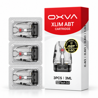 OXVA XLIM ABT cartridge with 3ml capacity, refillable, featuring a 0.6 ohm coil for vaping, shown in the image.
