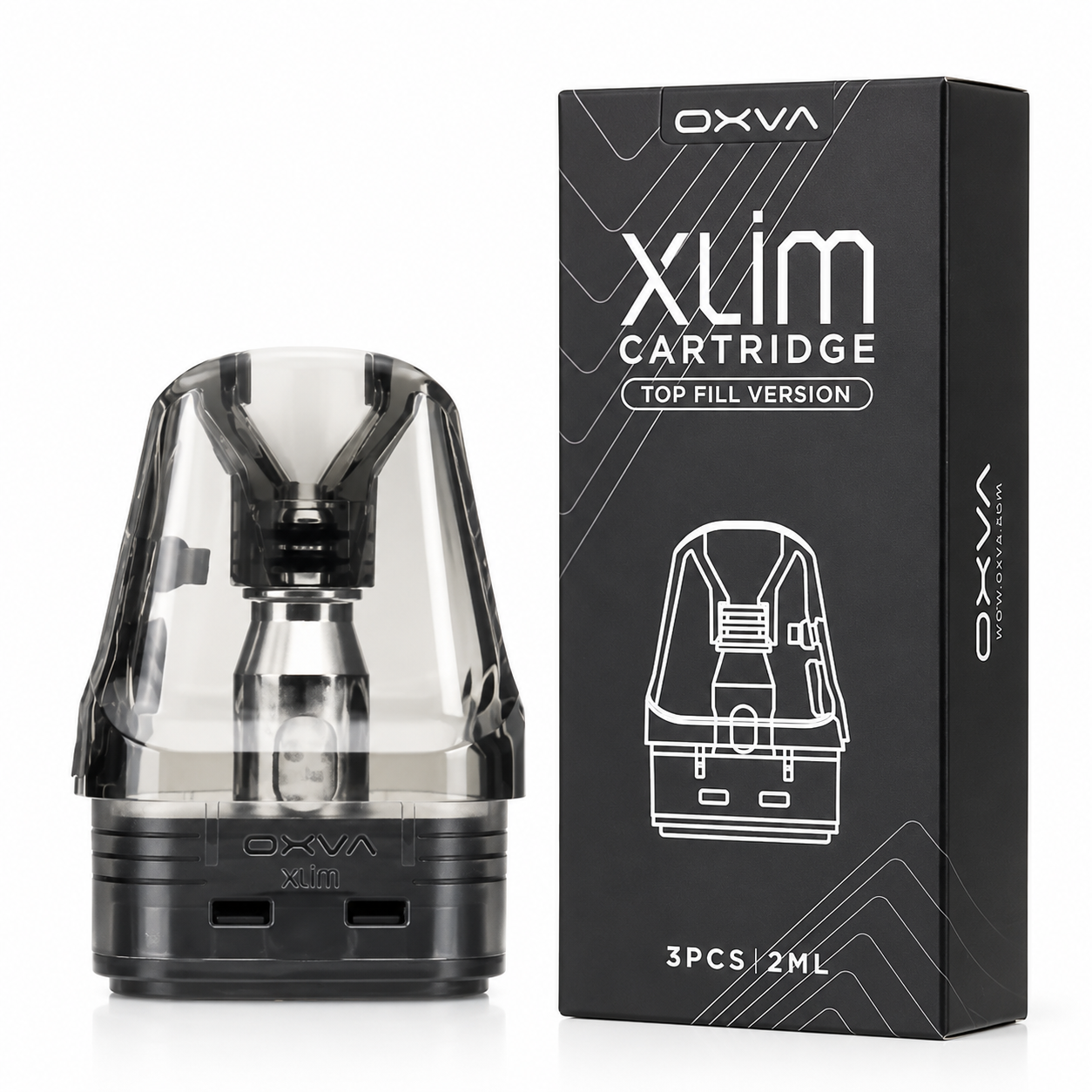 OXVA XLIM refillable 2ml cartridge for vaping devices, shown in black with transparent tank and mouthpiece.