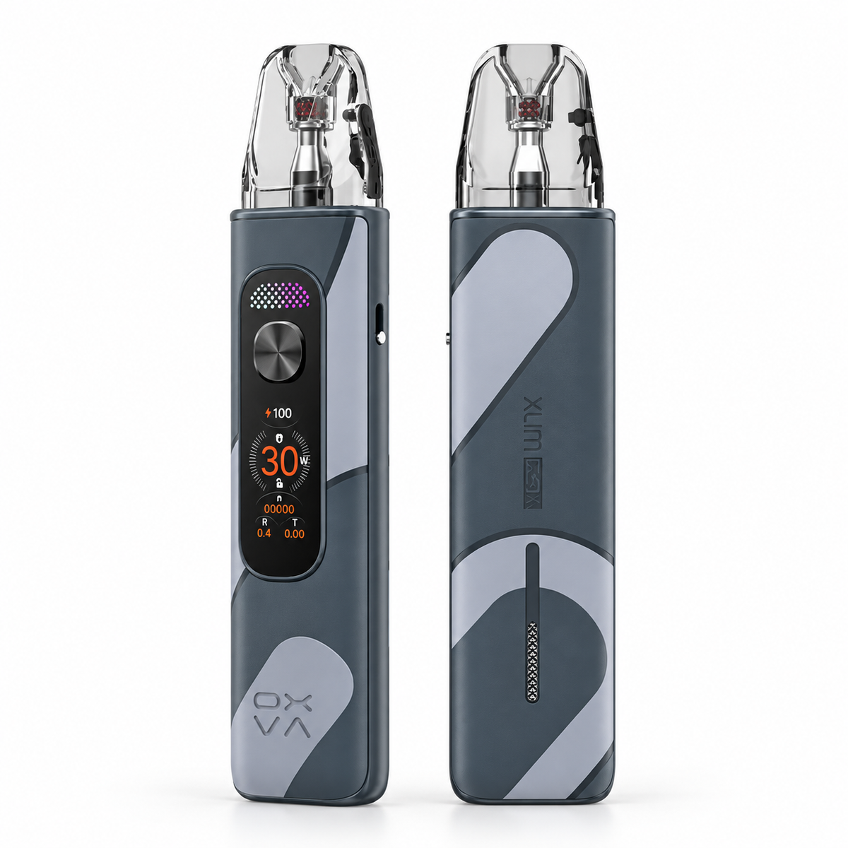OXVA XLIM PRO 4 pod system in Glacier Gray leather with sleek design and compact shape from the OXVA XLIM series.