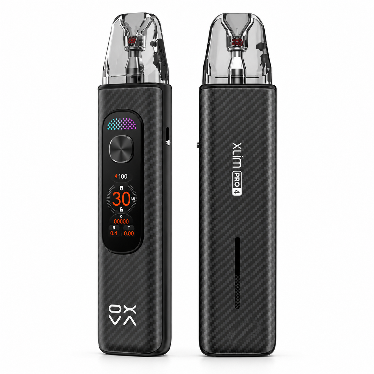 Black OXVA XLIM PRO 4 pod system from the OXVA XLIM series, featuring a sleek compact design and modern carbon finish.