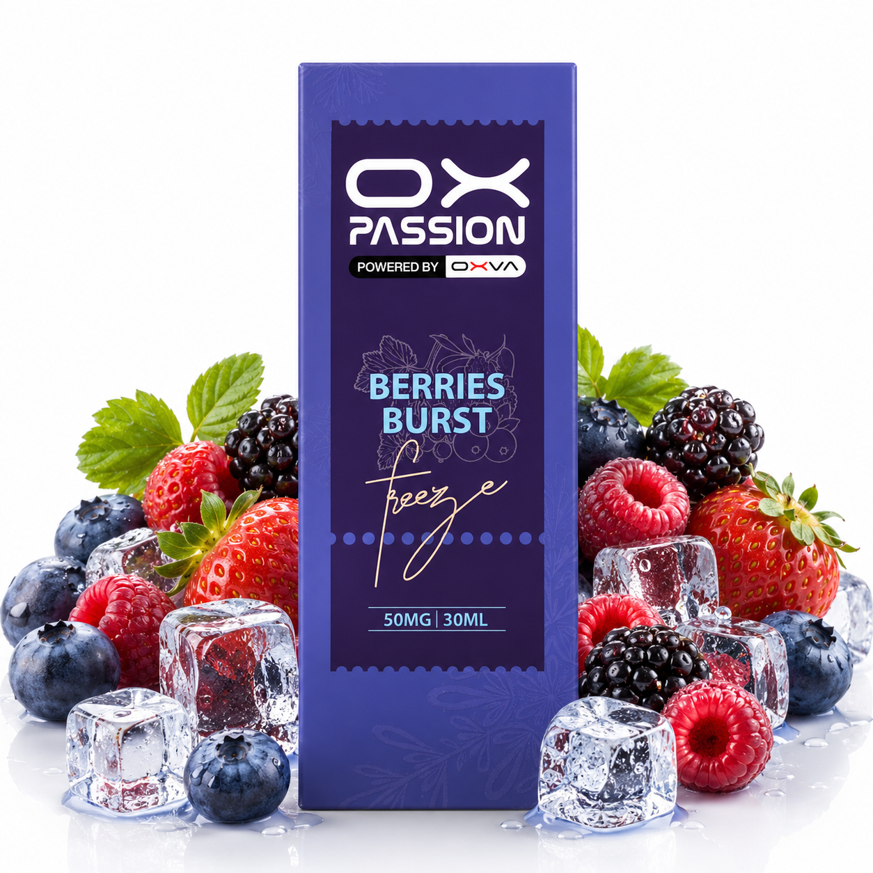 A 30ml bottle of OX Passion Freeze flavor, packaged in a tall blue box, surrounded by fresh berries (strawberries, raspberries, blueberries, blackberries) and ice cubes on a white background.