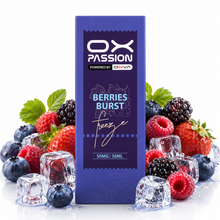 A 30ml bottle of OX Passion Freeze flavor, packaged in a tall blue box, surrounded by fresh berries (strawberries, raspberries, blueberries, blackberries) and ice cubes on a white background.