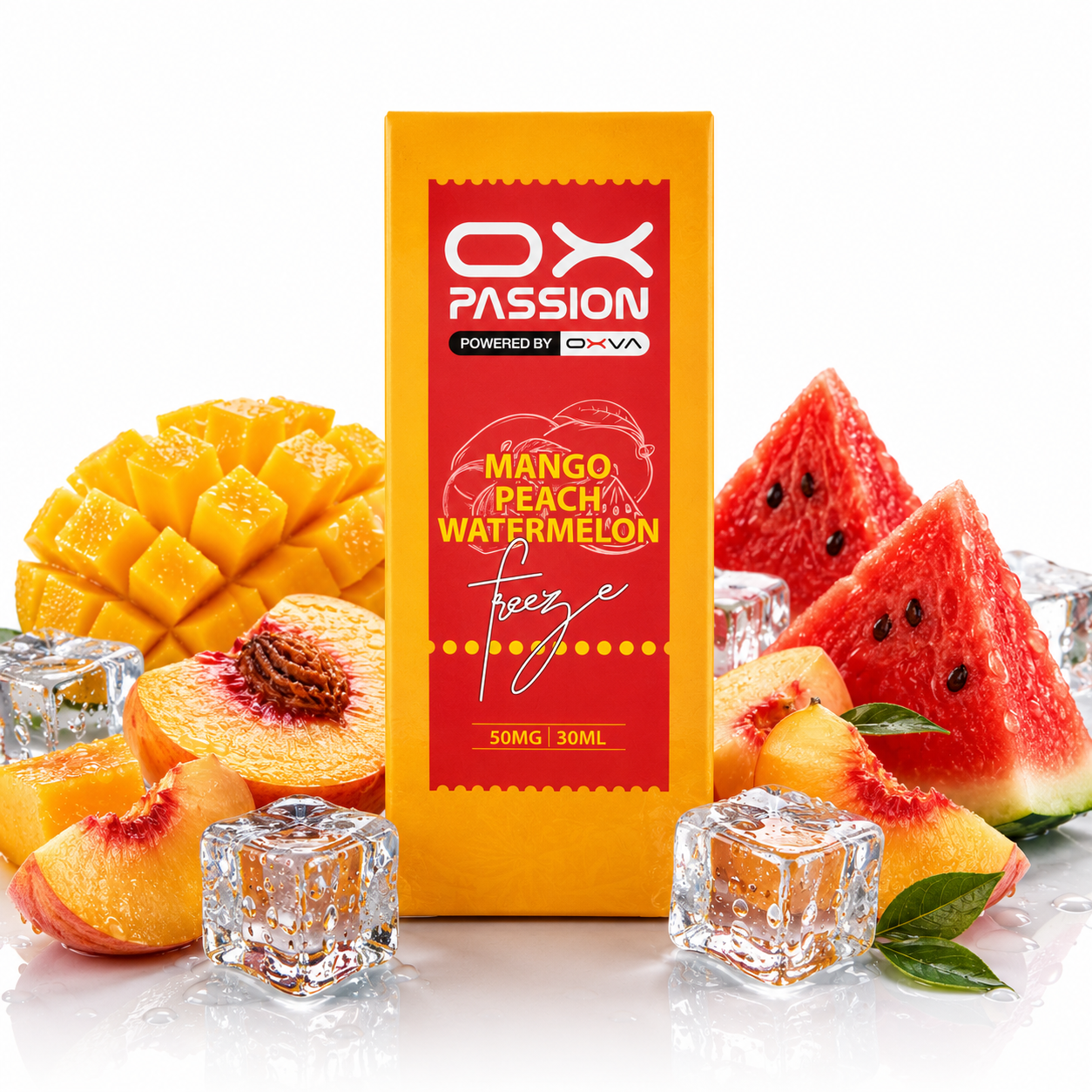 A bottle of OX PASSION Mango Peach Watermelon Freeze vape liquid, 30ml, displayed in its signature yellow and red packaging, surrounded by fresh fruit slices, diced mango, and ice cubes on a reflective white surface.