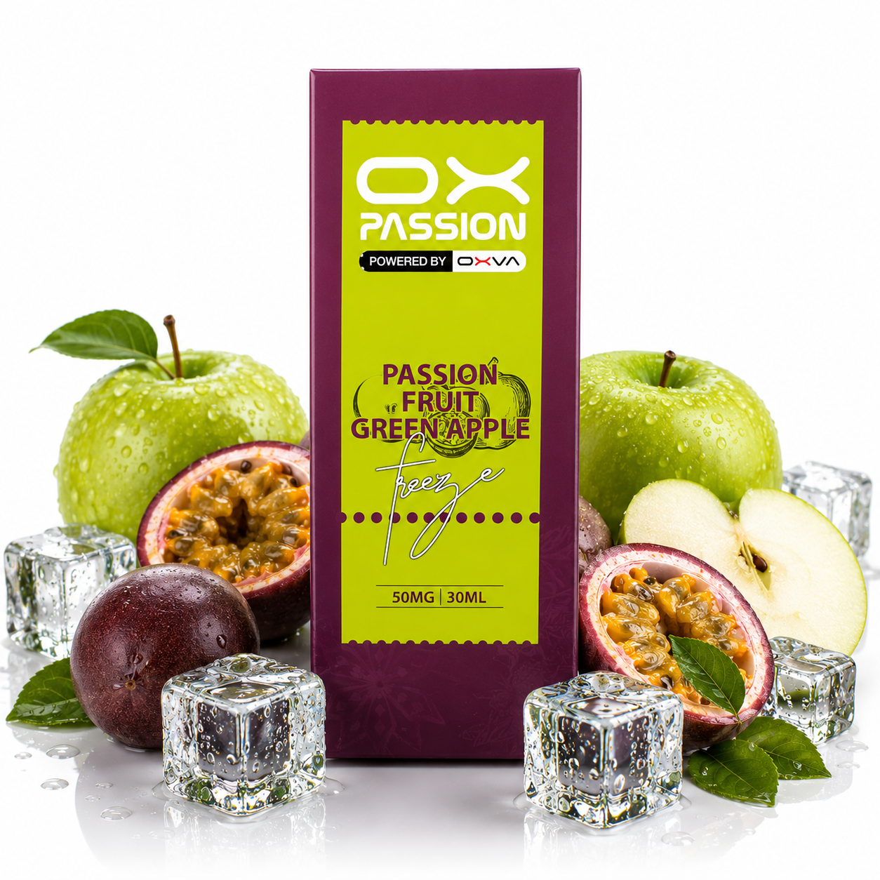 A box of OX Passion Passion Fruit Green Apple flavored tincture, surrounded by fresh green apples, whole and sliced passion fruit, and clear ice cubes on a white reflective surface.