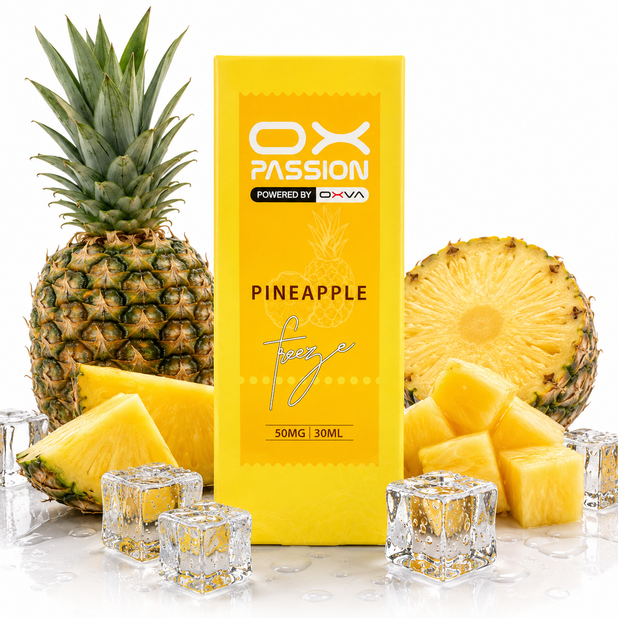 A yellow OX Passion Pineapple flavor vape box centered on a white background, surrounded by whole and sliced pineapples, pineapple wedges, and clear ice cubes.