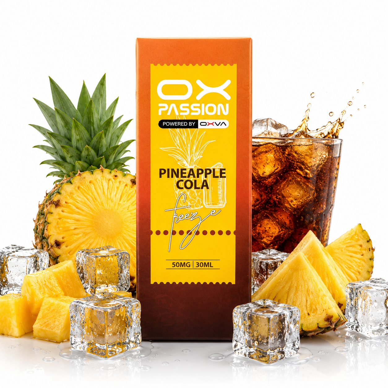 A box of OX Passion Pineapple Cola vape juice stands upright on a white reflective surface, surrounded by fresh pineapple slices, cubes, and a glass of cola with ice. The box is orange and yellow with the brand name OX PASSION and flavor text Pineapple Cola.