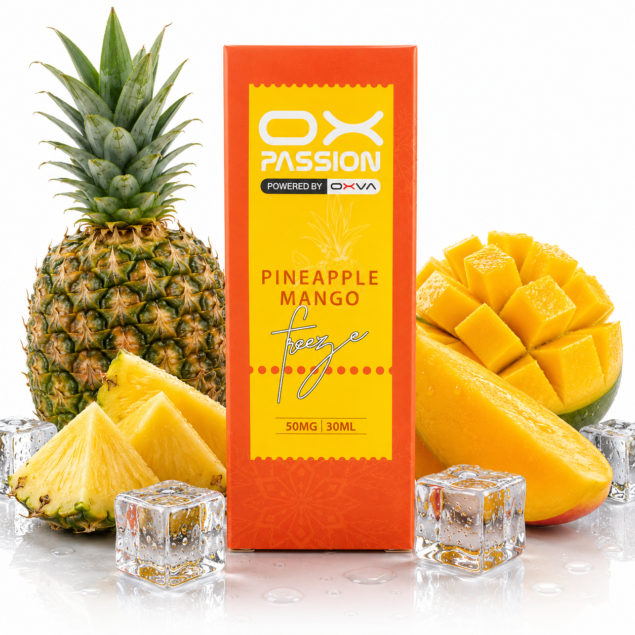 A box of OX Passion Pineapple Mango flavor vape juice stands on a reflective white surface, surrounded by whole and sliced pineapples, mango pieces, and clear ice cubes. The box is orange and yellow with the OX PASSION branding and flavor text clearly visible.