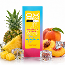 A 30ml pineapple peach flavored vape pen by OX PASSION and OXVA, standing upright on a white reflective surface. The pen features a blue-to-pink gradient body with a bright yellow front label.