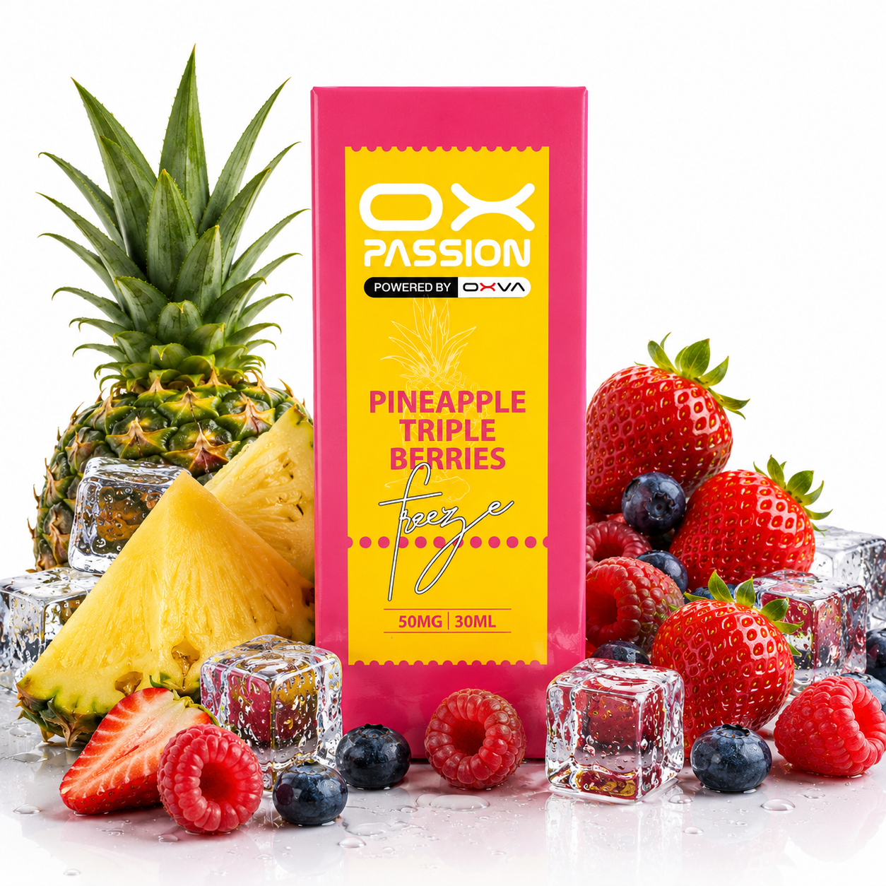 A box of OX Passion Pineapple Triple Berries tincture, surrounded by fresh pineapple, strawberries, blueberries, and raspberries on a white background with ice cubes.