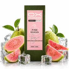 A 30ml bottle of OX Passion Pink Guava flavor e-liquid, standing upright in a studio setup. The dark green bottle features a pink label with white text.