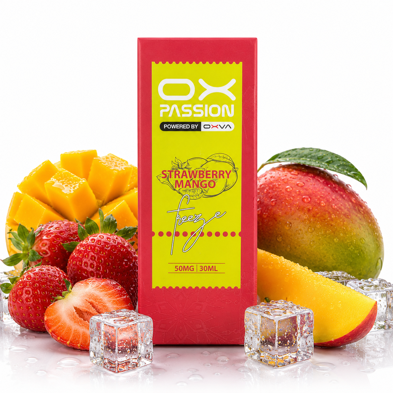 A red and yellow OX PASSION Strawberry Mango vape juice box centered on a white background, surrounded by fresh strawberries, mango slices, a whole mango, and clear ice cubes.