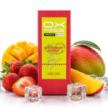 A red and yellow OX PASSION Strawberry Mango vape juice box centered on a white background, surrounded by fresh strawberries, mango slices, a whole mango, and clear ice cubes.