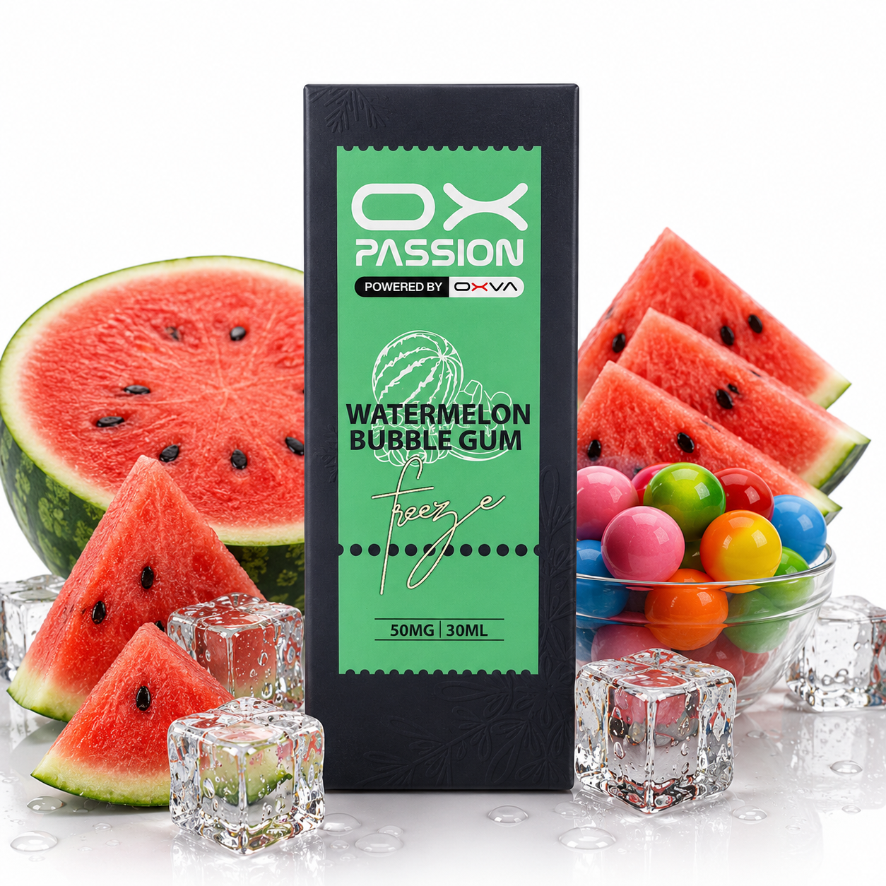 A black rectangular box of OX PASSION Watermelon Bubble Gum with a green label, surrounded by sliced watermelons, ice cubes, and a bowl of colorful gummy candies on a white background.