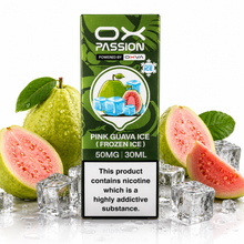 A box of OX PASSION Pink Guava Ice (Frozen Ice) e-liquid is centered on a white reflective surface, surrounded by whole and sliced pink guavas and clear ice cubes. The packaging is dark green with white text and a circular graphic showing a green guava and pink ice cubes.