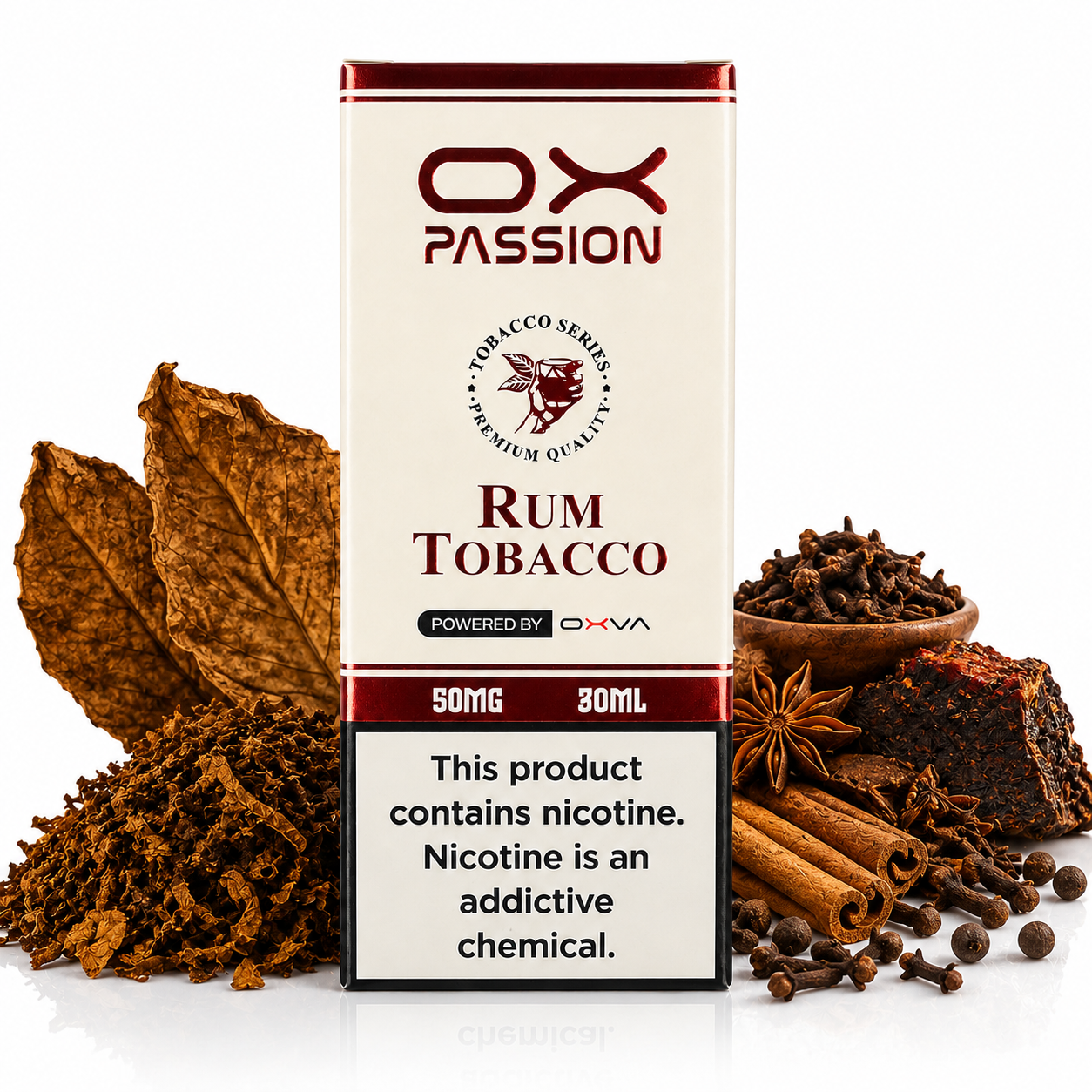 A box of OX Passion Rum Tobacco centered on a white background, surrounded by props including dried tobacco leaves, loose tobacco, cinnamon sticks, star anise, cloves, and a piece of dark chocolate. The package is cream with dark red and black text and a nicotine warning label at the bottom.