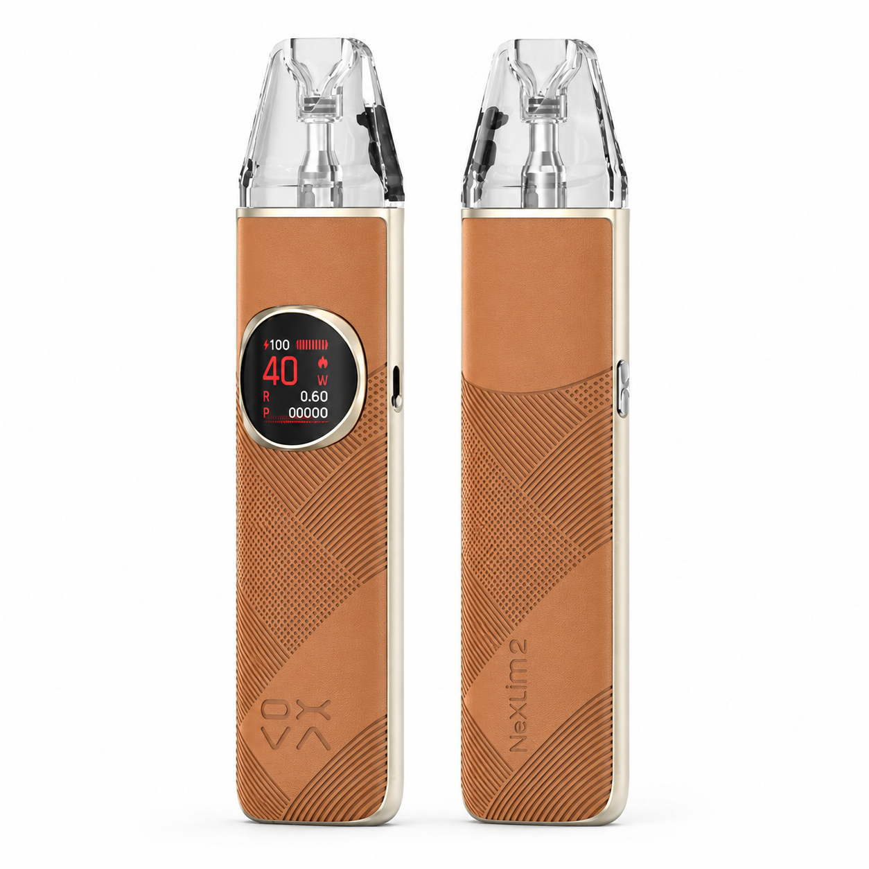 OXVA NeXLIM 2 pod system with bright brown leather finish, compact design, and sleek appearance from the OXVA NeXLIM SERIES.