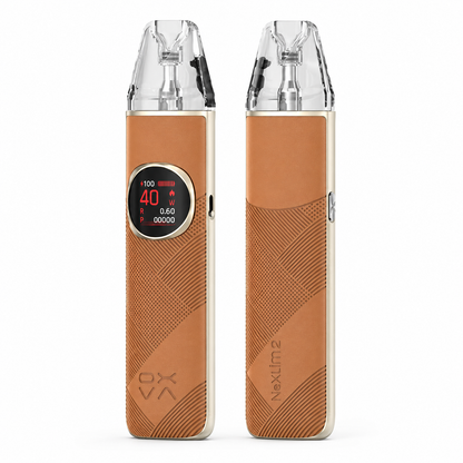 OXVA NeXLIM 2 pod system with bright brown leather finish, compact design, and sleek appearance from the OXVA NeXLIM SERIES.