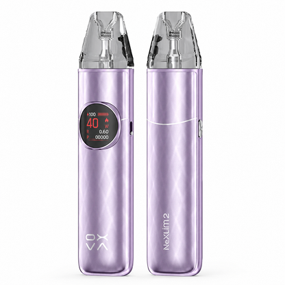Shiny purple OXVA NeXLIM 2 pod system with sleek design, part of the OXVA NeXLIM SERIES, displayed on a neutral background.