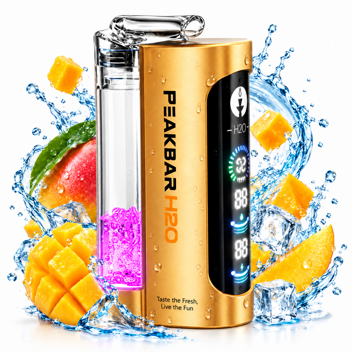 Disposable PEAKBAR H2O Mini Hookah with Mango flavor, 40K puffs, from the PEAKBAR H2O Series, featuring a compact, portable design.