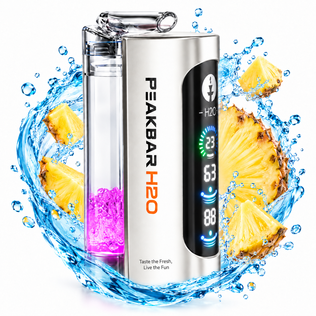 PEAKBAR H2O Series disposable mini hookah with pineapple flavor, 40,000 puffs, featuring sleek design and portable setup.