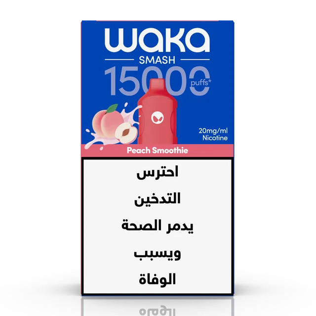WAKA SMASH 15K Series Peach Smoothie disposable vape package with 15,000 puffs, peach flavor, 20mg/ml nicotine, front view.