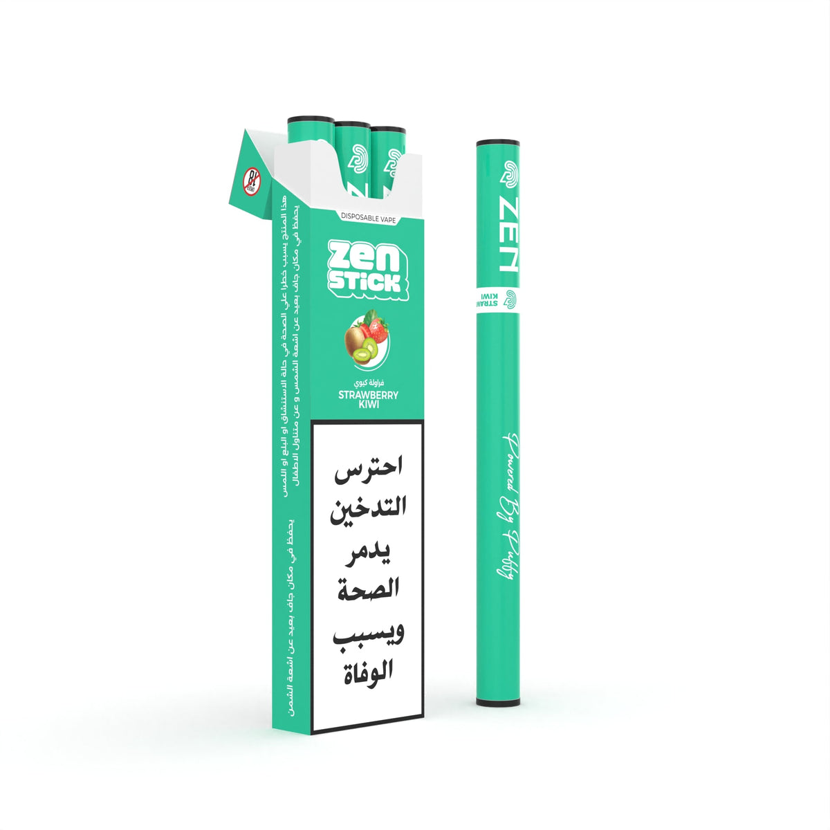 ZEN STICK Strawberry Kiwi disposable, pack of 3, shown with its carton.