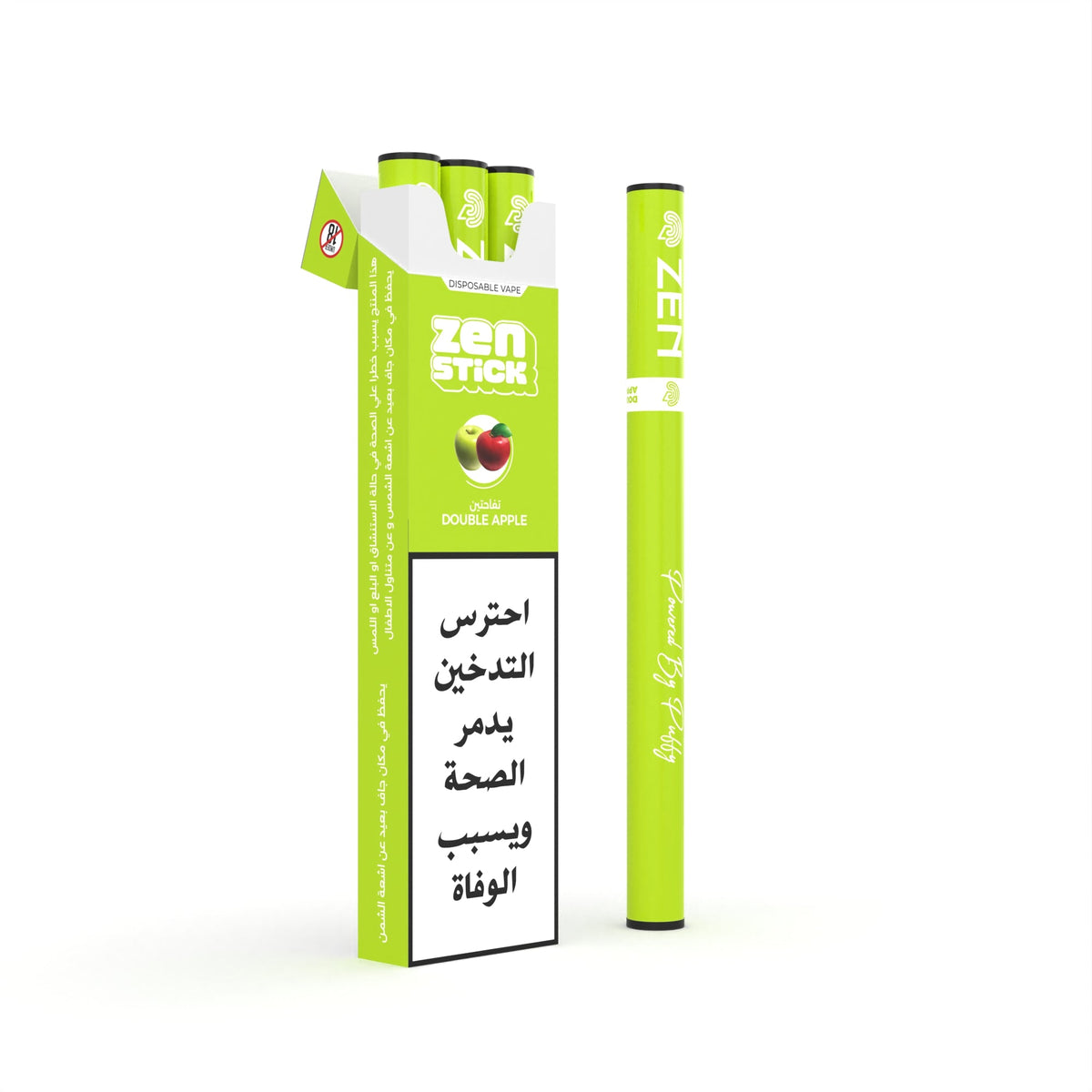 ZEN STICK Double Apple disposable, pack of 3, shown with its carton.