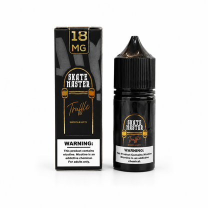 A bottle and box of Skate Master Truffle e-liquid, 18 mg nicotine, shown on a clean white background. The packaging is black with gold and white text and warning labels.