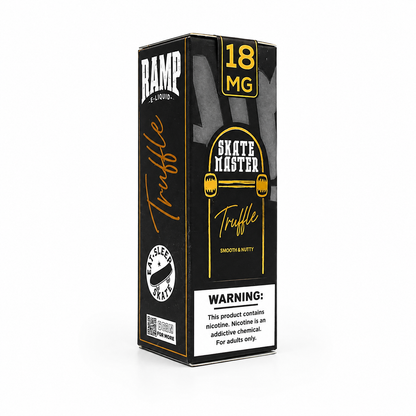 A boxed e-liquid product standing upright on a white background. The package is predominantly black with gold/yellow graphics and text, including 'BAMP E-LIQUID', 'Skate Master', 'Truffle', '18 MG', and a nicotine warning label.