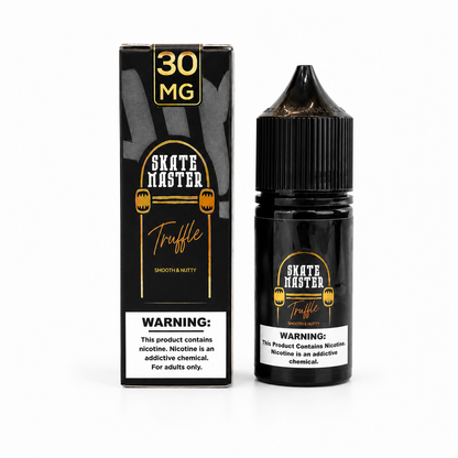 A bottle of Skate Master Truffle e-liquid next to its black packaging box, both featuring gold and white branding and a 30 MG nicotine warning label, on a white background.