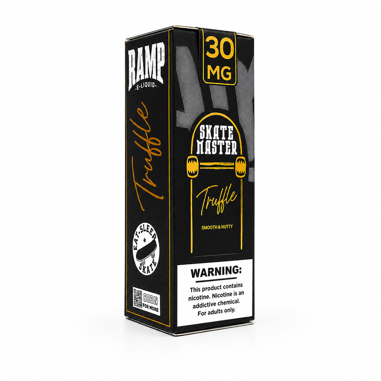 A boxed e-liquid product labeled BAMP e-Liquid Skate Master Truffle 30 MG, shown upright on a clean white background. The box is predominantly black with yellow and white graphics and warning text.