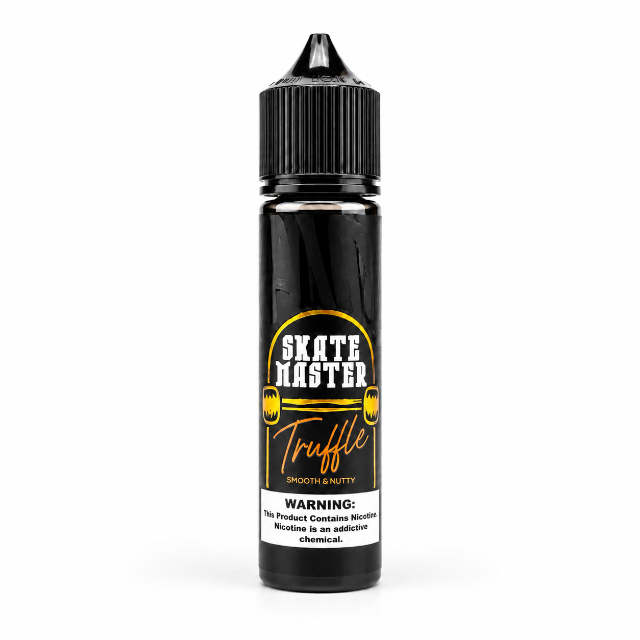 A bottle of Skate Master Truffle e-liquid on a white background. The bottle is black with a black ribbed cap and features a yellow and white label with the brand name 'Skate Master' and flavor 'Truffle'.
