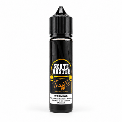 A bottle of Skate Master Truffle e-liquid on a white background. The bottle is black with a black ribbed cap and features a yellow and white label with the brand name 'Skate Master' and flavor 'Truffle'.