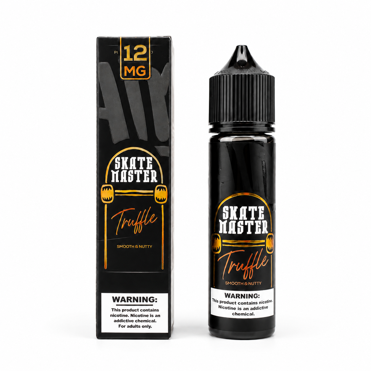 A bottle and box of Skate Master Truffle e-liquid, 12 mg, shown on a plain white background. The packaging features a black design with gold and white text and graphics.