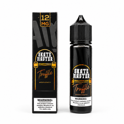 A bottle and box of Skate Master Truffle e-liquid, 12 mg, shown on a plain white background. The packaging features a black design with gold and white text and graphics.