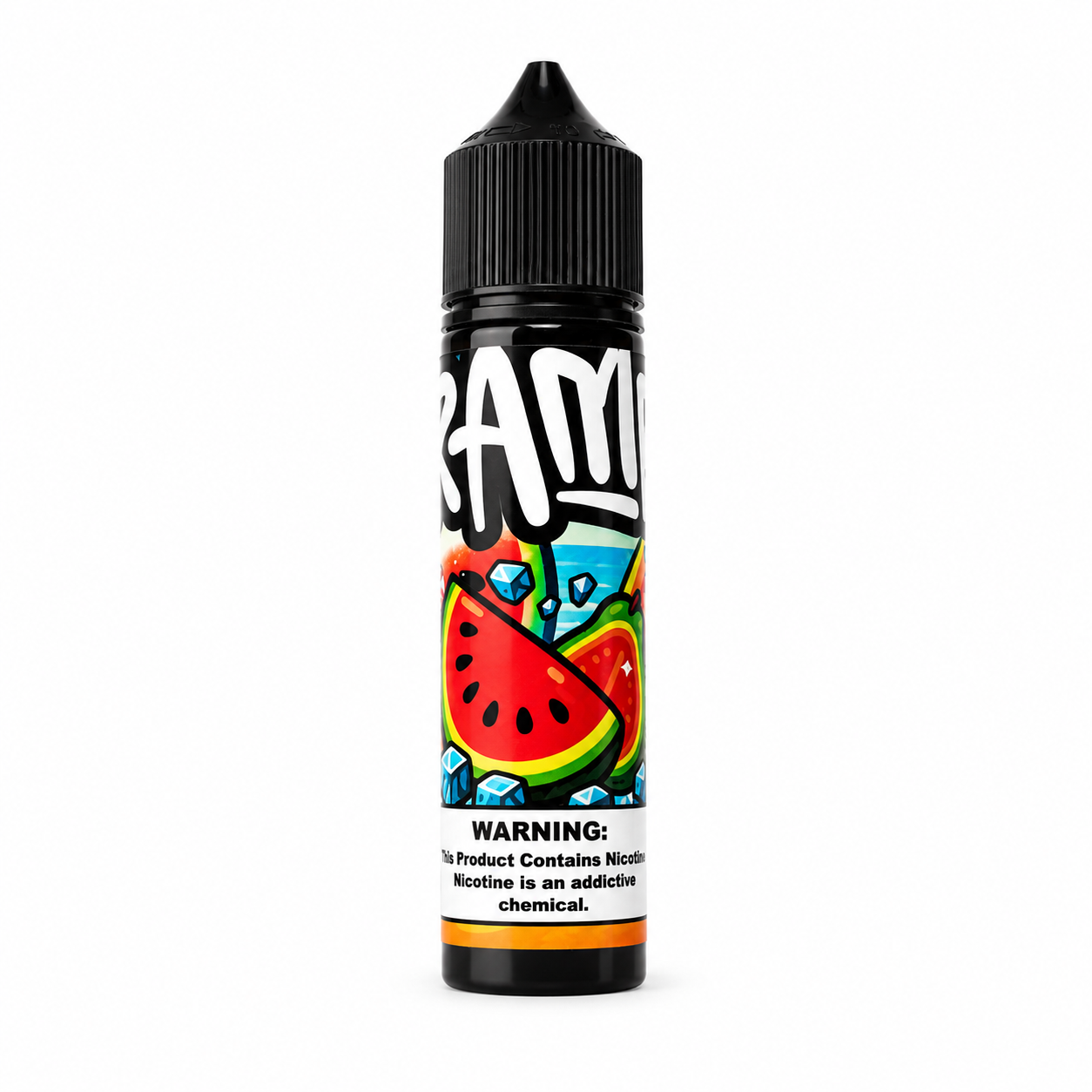 A 16ml bottle of Ram's Watermelon flavor e-liquid, featuring a black cap and a colorful label with a watermelon slice illustration and a prominent nicotine warning.