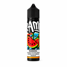 A 16ml bottle of Ram's Watermelon flavor e-liquid, featuring a black cap and a colorful label with a watermelon slice illustration and a prominent nicotine warning.