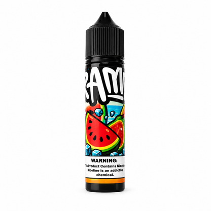 A 16ml bottle of Ram's Watermelon flavor e-liquid, featuring a black cap and a colorful label with a watermelon slice illustration and a prominent nicotine warning.