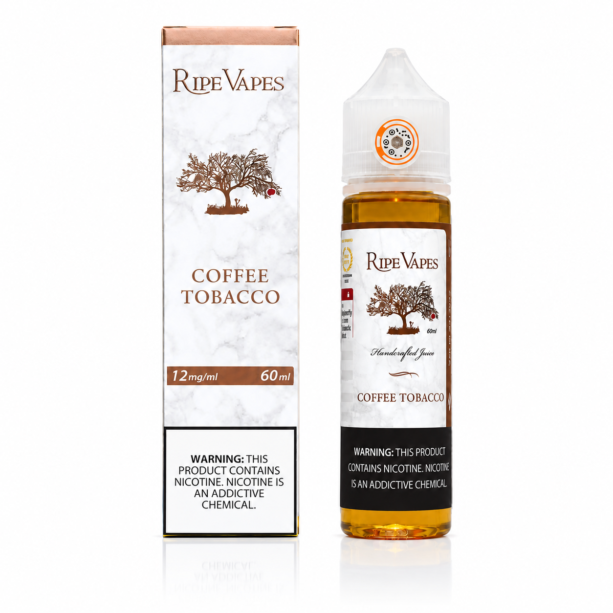 Ripe Vapes Coffee Tobacco 60ml e-liquid bottle for MTL vaping, featuring a label with coffee and tobacco flavor imagery.