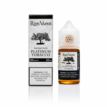 RIPE VAPES Platinum Tobacco 30ml salt e-liquid bottle with black and gold label, featuring tobacco flavor branding.